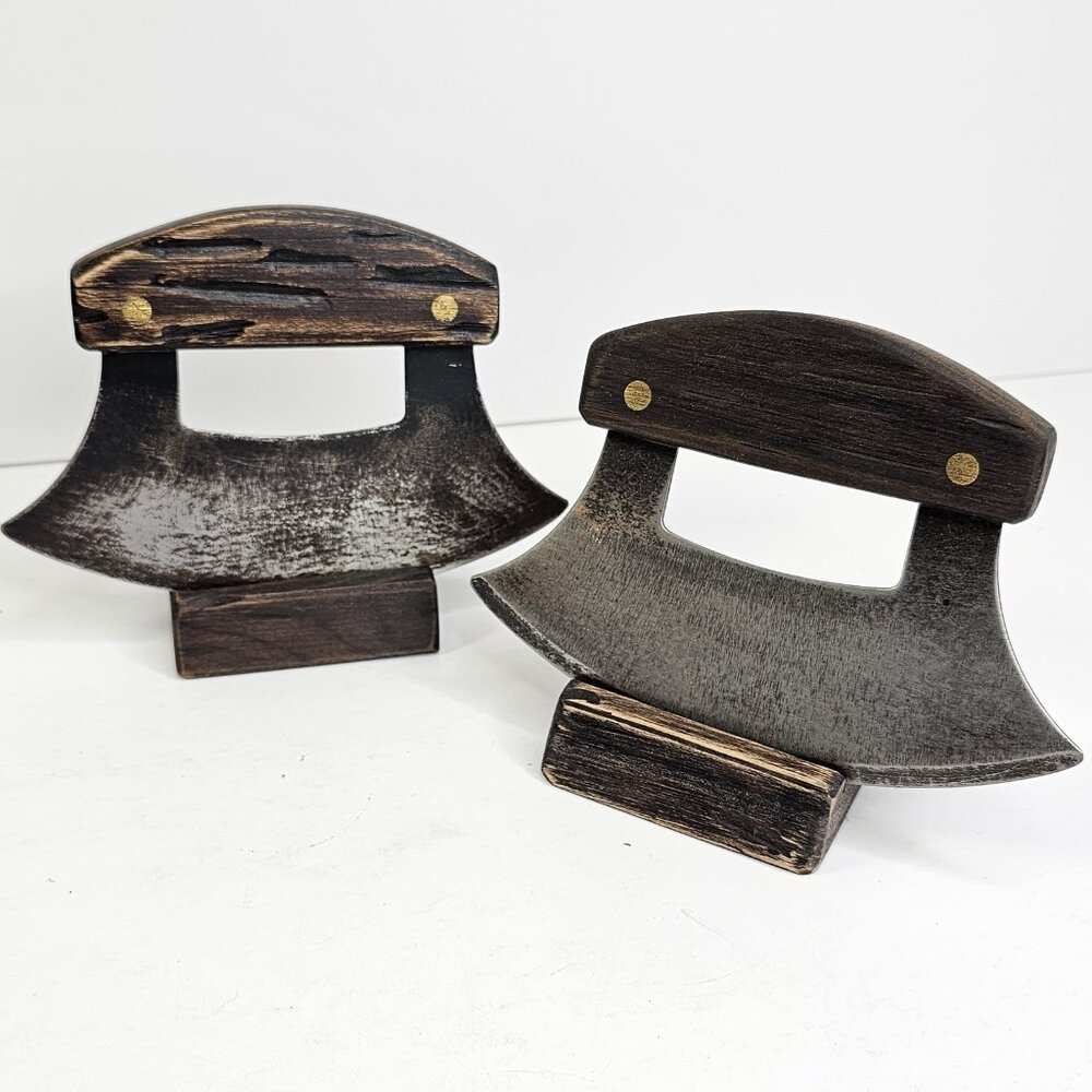 Set of 2 Alaskan Ulu Knives Rustic Curved Blades Wood Handles w/ Wooden Stands